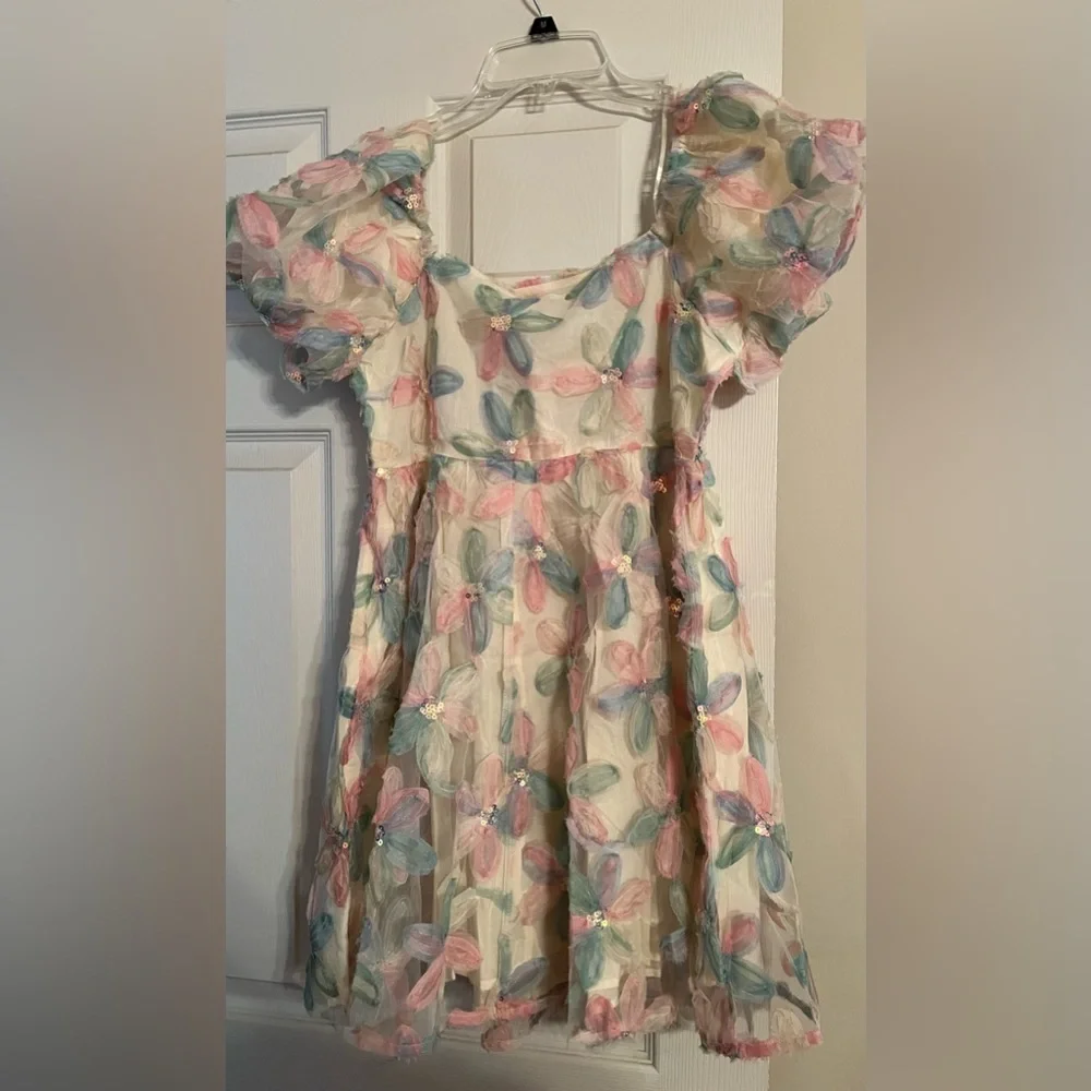 Romantic Pastel Floral Appliqué Puff Sleeve Mini Dress Sequins NWT M #2339-40